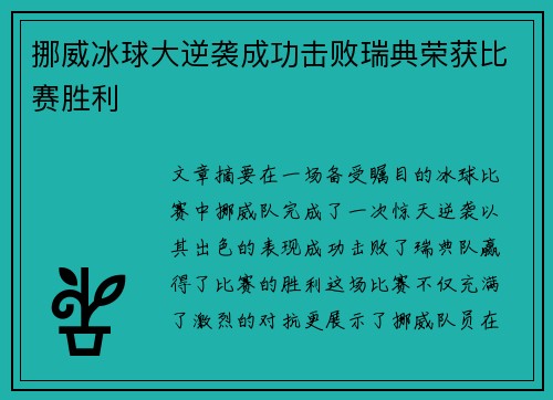 挪威冰球大逆袭成功击败瑞典荣获比赛胜利
