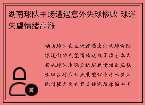湖南球队主场遭遇意外失球惨败 球迷失望情绪高涨