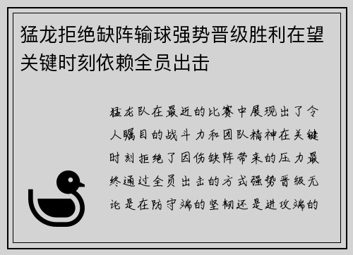 猛龙拒绝缺阵输球强势晋级胜利在望关键时刻依赖全员出击