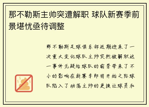 那不勒斯主帅突遭解职 球队新赛季前景堪忧亟待调整